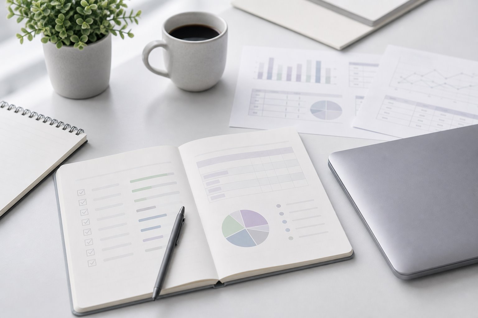 Clean notebook and desk setup for product research notes