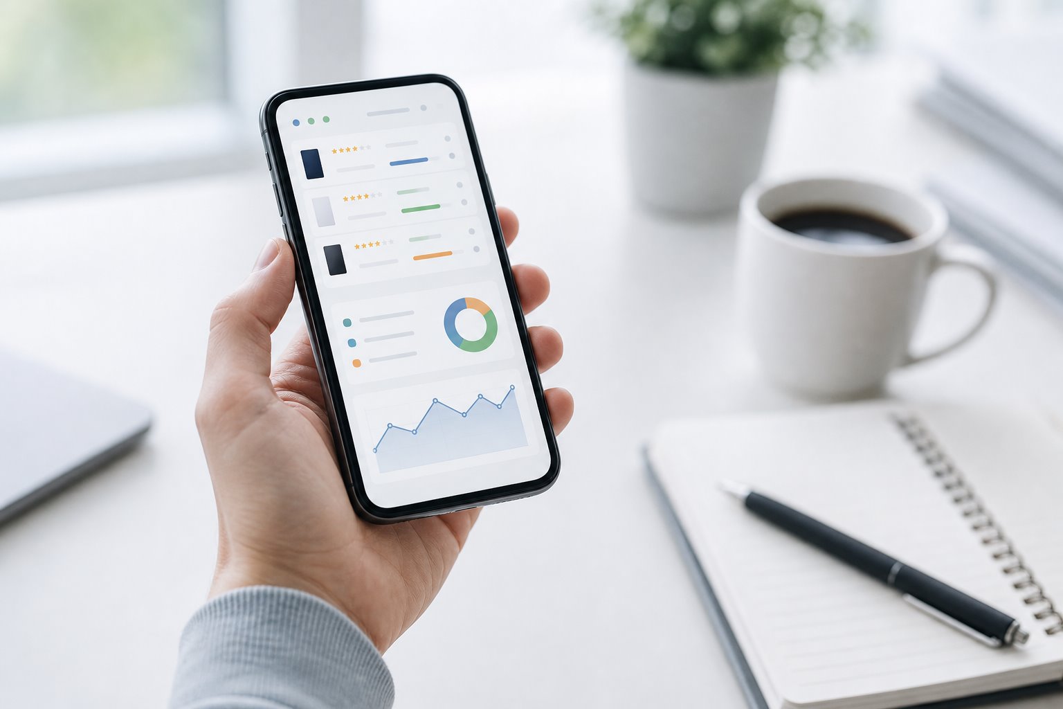 Person holding a phone while researching purchase options